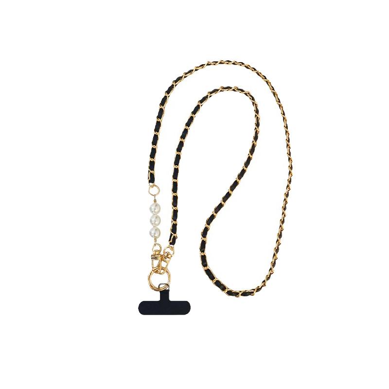 Phone Lanyard Women's Long Leather Woven Metal Chain With Pearl Phone Case Universal Phone Lanyard Diagonal Cross Bag Decoration
