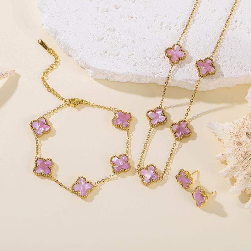Set da 3 pezzi in acciaio al titanio, resistente allo sbiadimento, a doppia faccia, con quadrifoglio, moda donna, elegante, lusso leggero, collana per clavicola e braccialetto