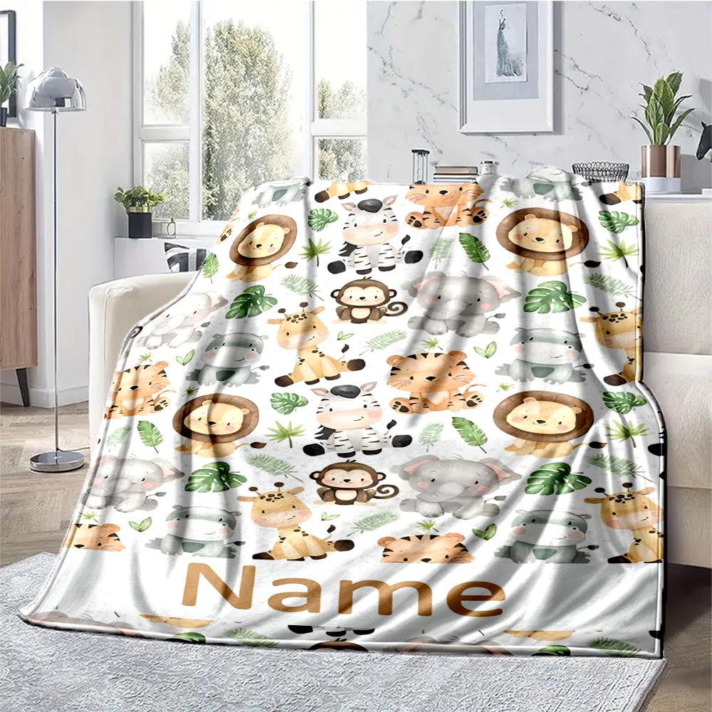 Custom Name Animals Theme Printed Blanket - Perfect for Couch, Bed, Travel & Outdoor Use | Machine Washable, Cozy & Durable.