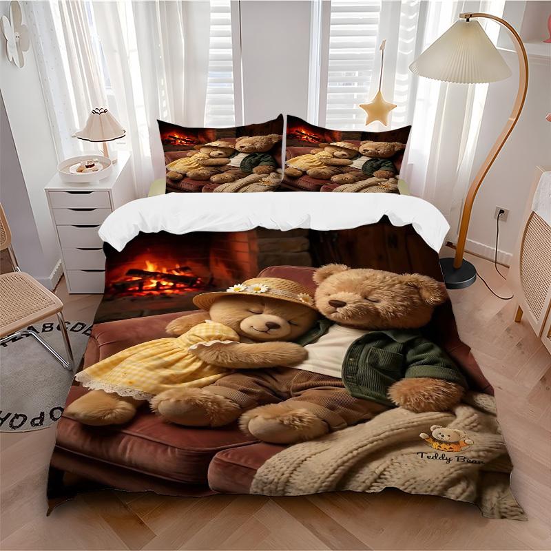 3pcs Teddy Bear Bedding Set - Includes One Quilt Cover and Two Pillowcases (No Core) - Perfect for Bedroom and Guest Room Decoration, Festiv