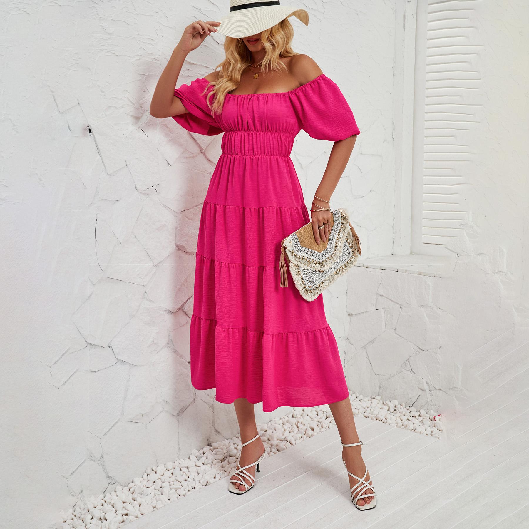 

Летнее женское модное однотонное плиссированное платье с коротким рукавом и квадратным щиколотком без бретелек XL розы красного