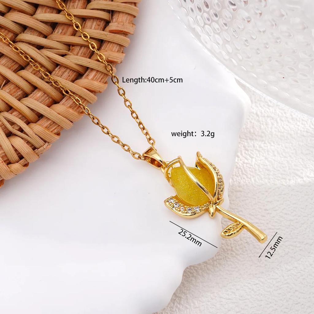 Elegant Colorful Crystal Zircon Tulip Flower Pendant Necklaces for Women Girls Gold Color Stainless Steel Chain Flower Jewelry