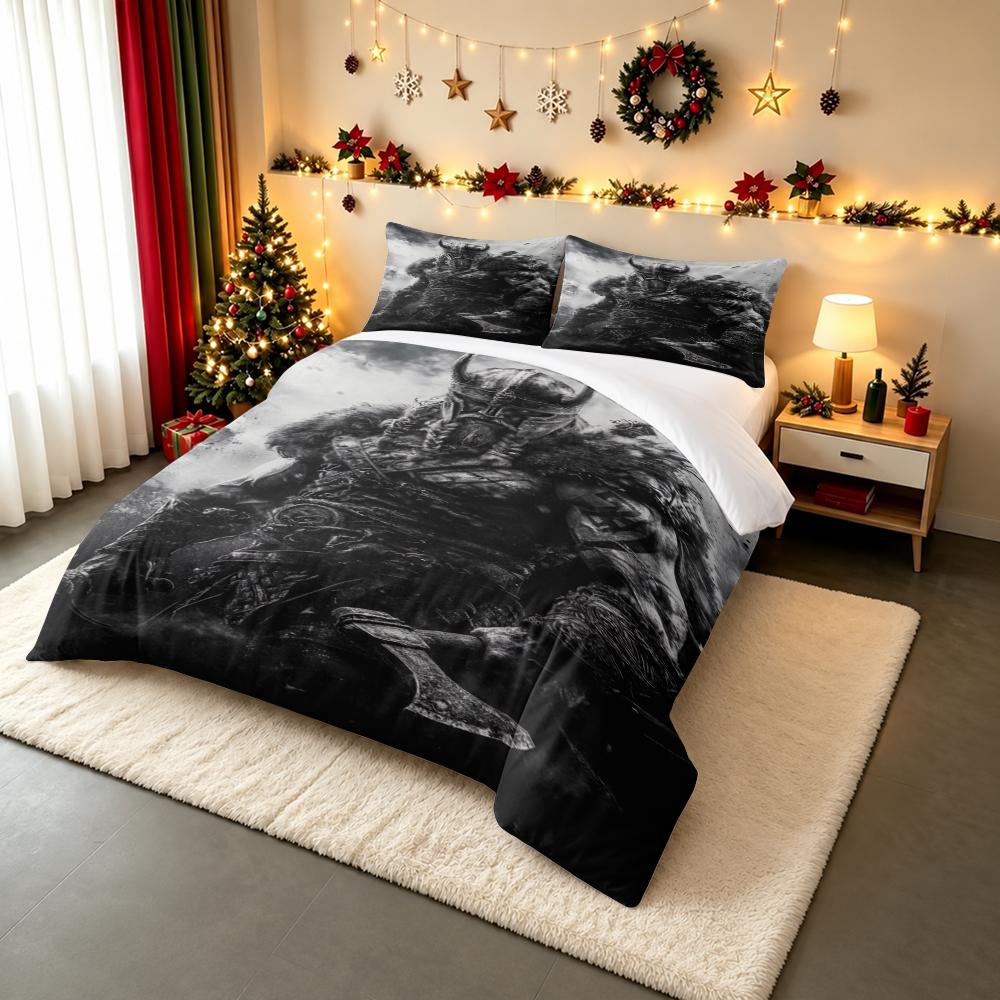 3 Piece Bedding Set with Duvet Cover and 2 Pillowcases - Viking Warrior Axe Black White Art - Decor