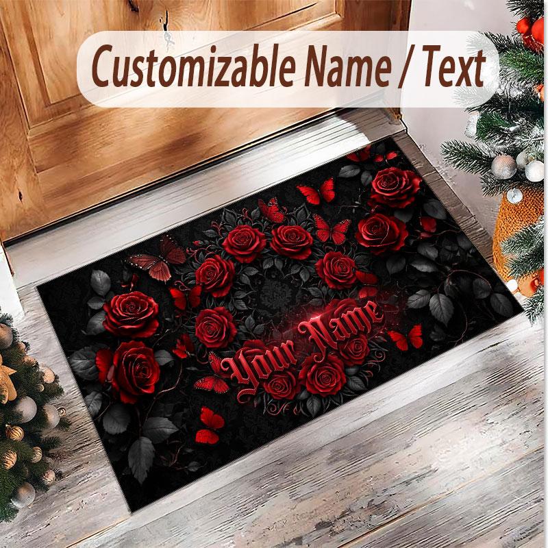 Rose Floral Theme Soft Crystal Velvet Rug Custom Name & Text Print Non Slip Floor Rug for Bedroom Living Room