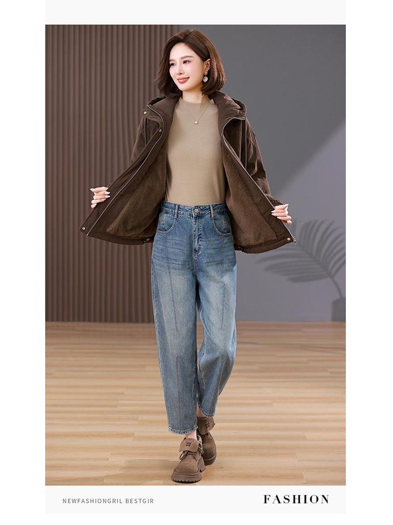 Women's Plus Size Pure Cotton Fleece-Lined Parka Jacket - Short, Thickened, Casual Style for Autumn/Winter 2024