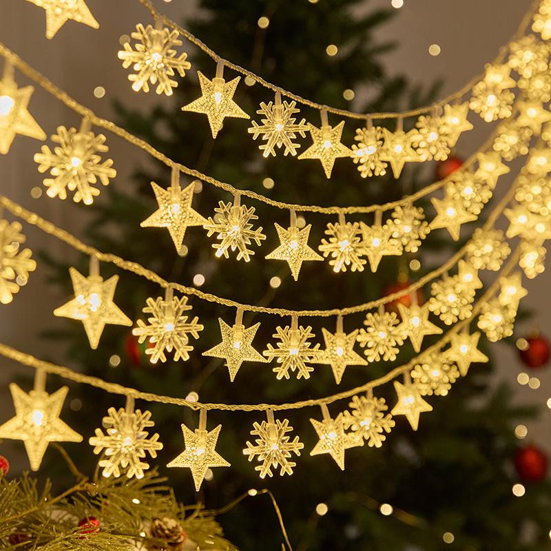 Christmas String Lights LED Acrylic Clear Star Snowflake Xmas Tree Long Lamp Strings Light Hanging Ornaments Home Party Decor