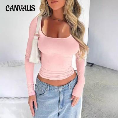 Dámský úzký a vypasovaný jednobarevný top s dlouhým rukávem a výstřihem do U ve stylu Y2K