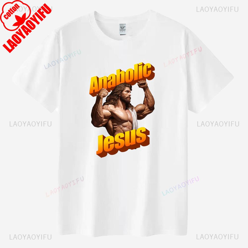Koszulki Graficzne na Siłownię Anaboliczny Jezus Męskie Fitness Zabawne Treningowe Letnia Koszulka Mocna Wysokiej Jakości Bawełniana Odzież Fajne Ropa Hombre