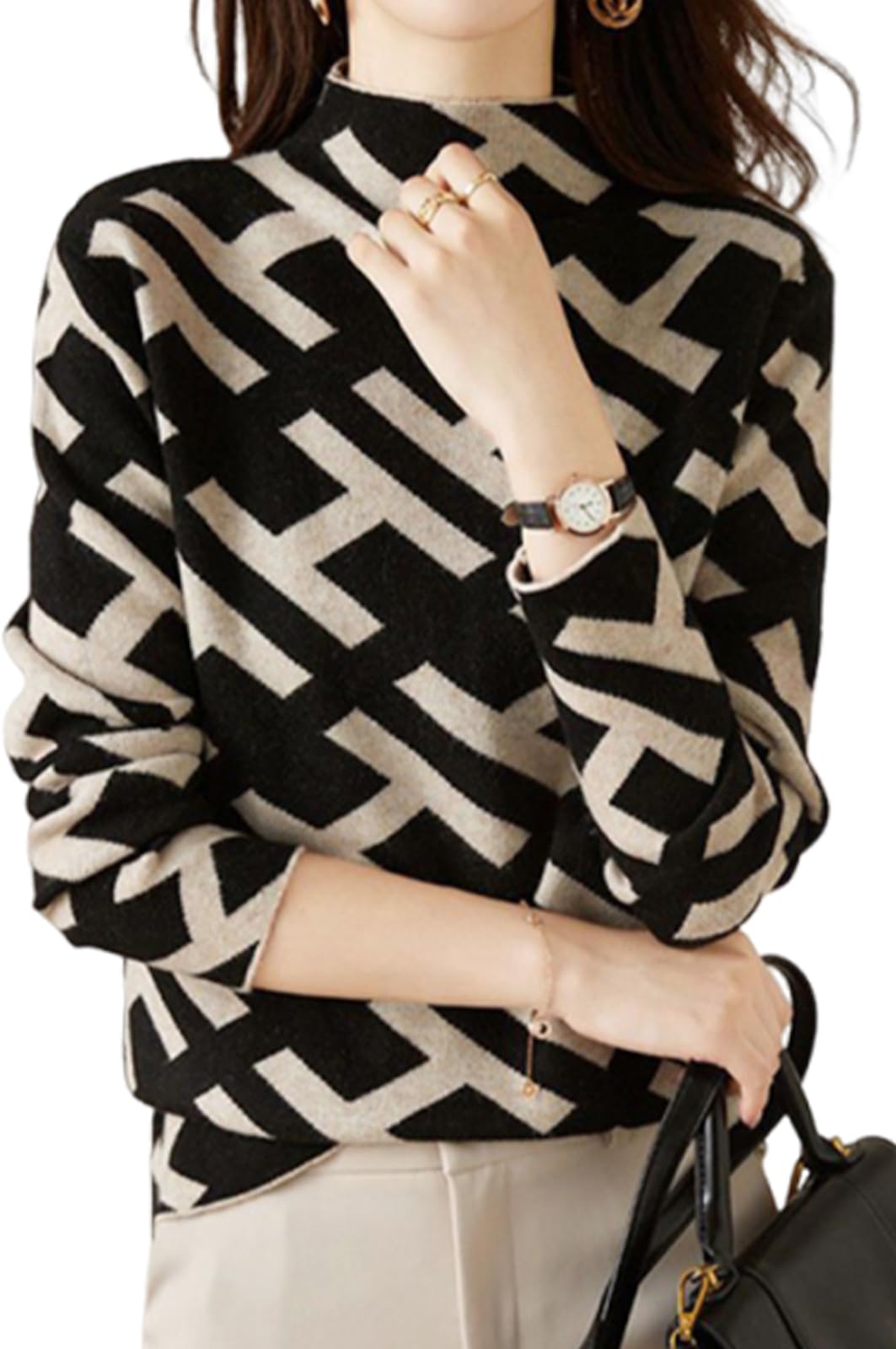 

MARIA MARFA Print Knit High Soft and Korean Size M Women s All-Over Sweater, Neck, Elegant, Style, Black, (5A-M08-BKM)