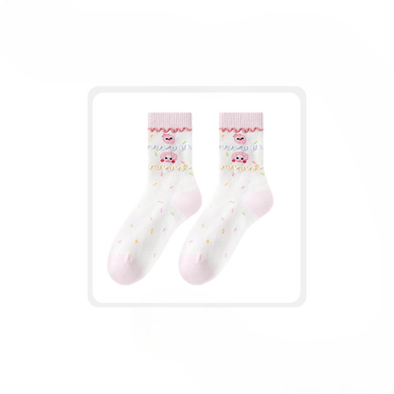Female Autumn and Winter Cartoon Cute Chips Lace Match Color Tube Cotton Socks