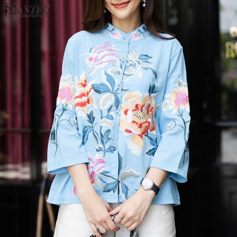ZANZEA Women Stand Collar Loose Casual 3/4 Sleeve Floral Blouse