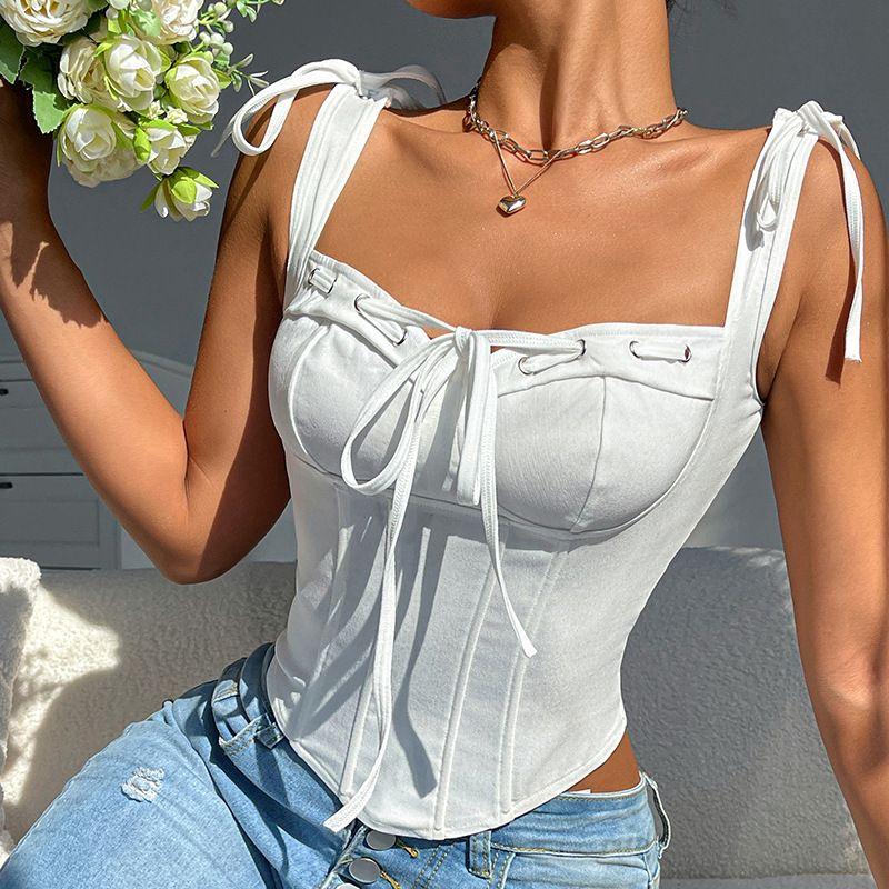 Cross-Border New Arrival Sexy Sexy Silm Fishbone Camisole Bow Bandage Square Collar Beautiful Back Tank-Top Women's Vest