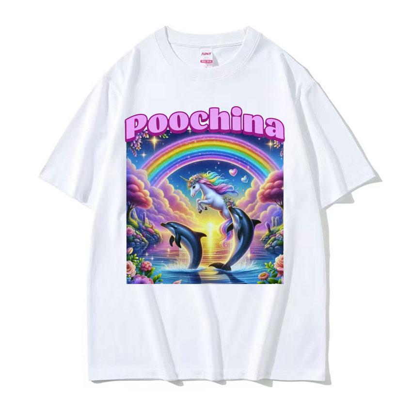 Poochina Brain Rot Ironic Funny Meme Tee Shirt for Men Harajuku Hip Hop Streetwear T-shirt Unisex Oversized Cotton T-shirts Tops