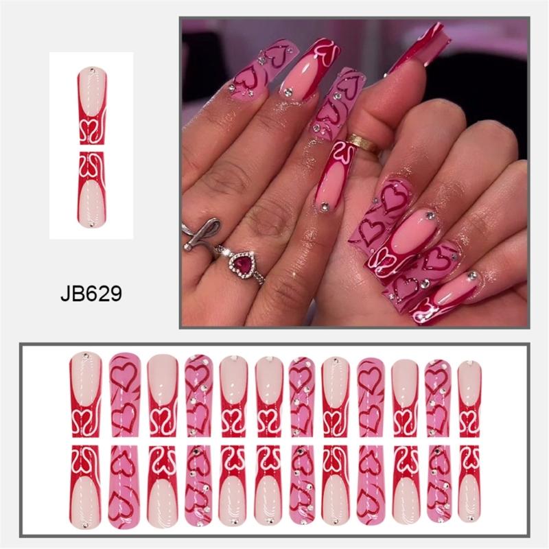 24 Pcs Coffin Shaped Artificial Nail Gradient Heart Stick On Nail Valentines Day False Nail French Tip Press On Nail