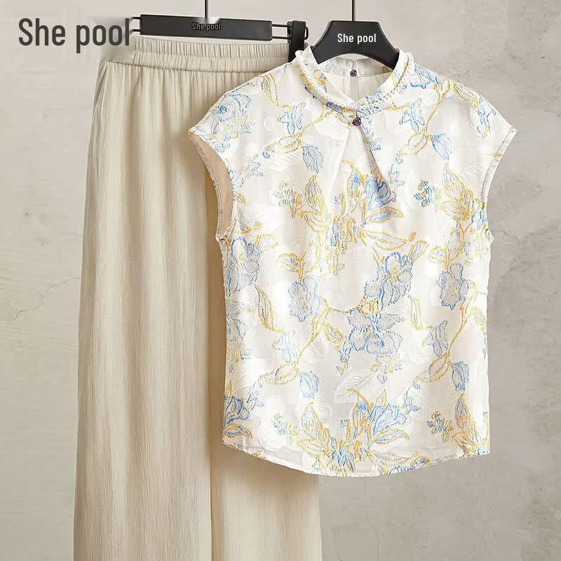 Shechi Women s Jacquard Stand Collar Sleeveless Blouse XL