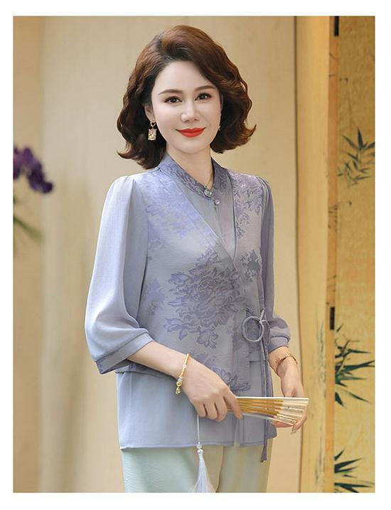 2026 Floral Summer Set for Middle-aged Women: Chinese Style Shirt Blouse