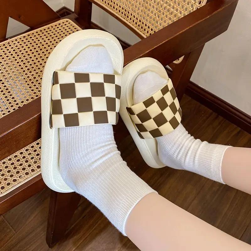 Fashion Woman Slippers Open Toe Bathroom Home Indoor Bedroom Sandals House Plaid Shoes for Women Slides Flat Original I B Unique G F 39