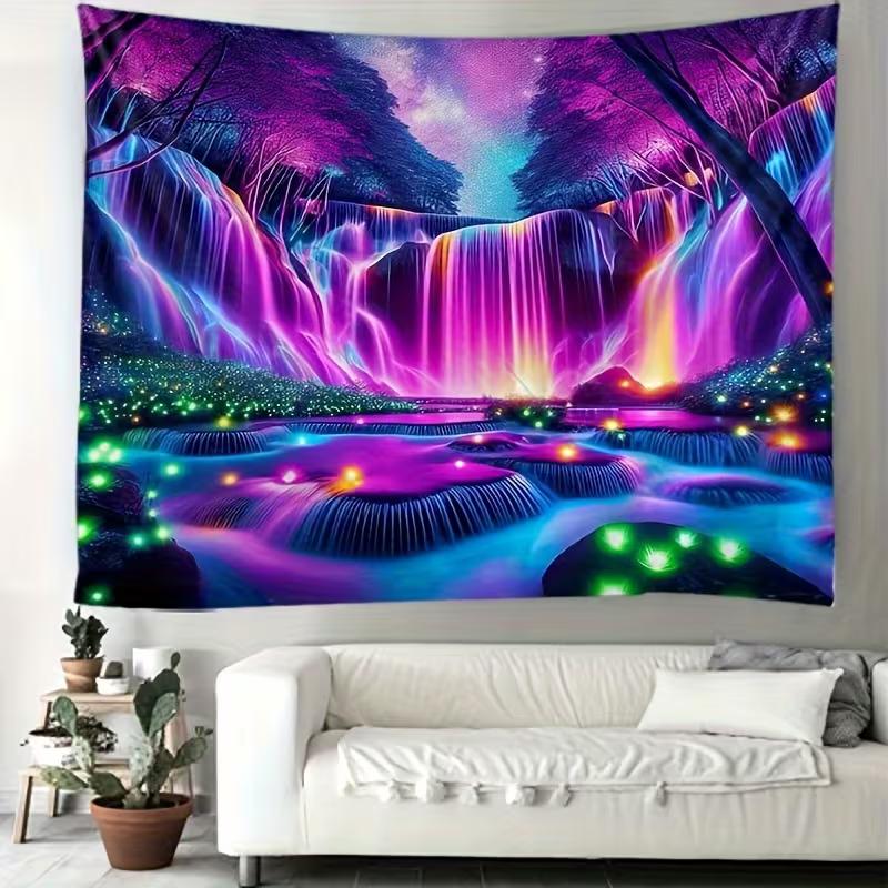 2D Glowing Waterfall Tapestry Psychedelic Purple Forest Backdrop Cloth for Living Room