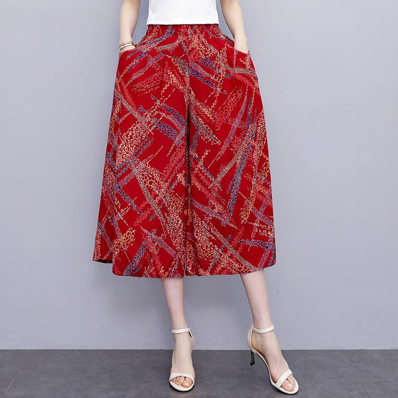 Summer Elastic Waist Print Wide Leg Pants for Women  Loose Vintage High Waist Oversize Pants
