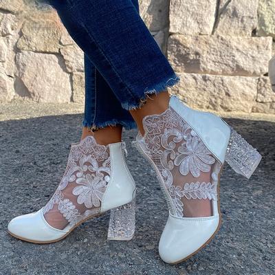 Stivaletti da donna in rete per donna Stivali estivi con tacco quadrato Sandalo da donna Stivali in pizzo con punta tonda