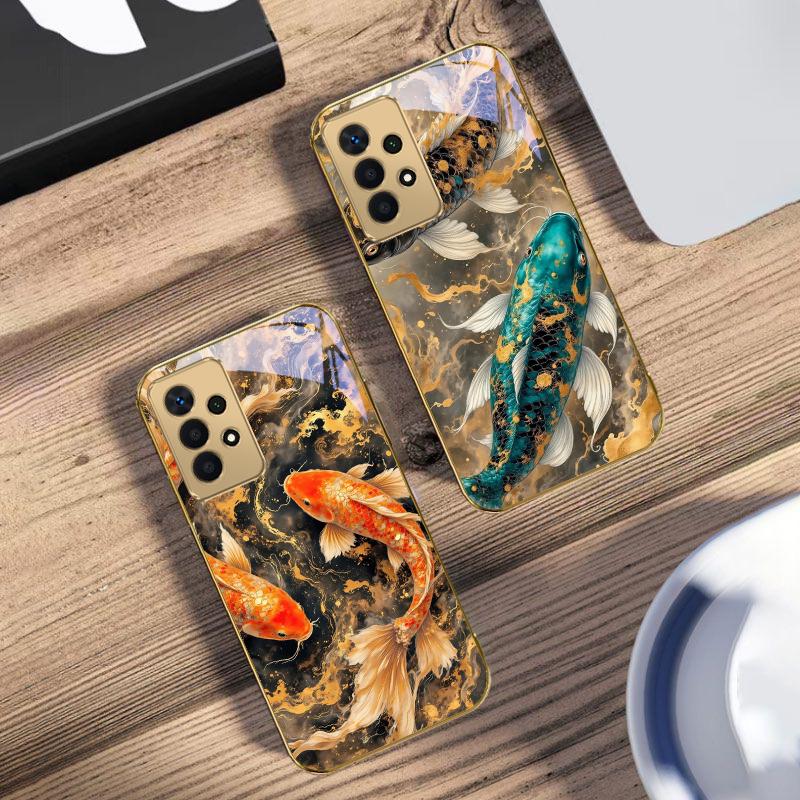 Lucky Orange Golden Koi For Samsung A73 A72 A71 A42 A56 A55 A54 A53 A52s A52 A51 A36 A35 A34 A33 A32 A16 Golden Glass Phone Case