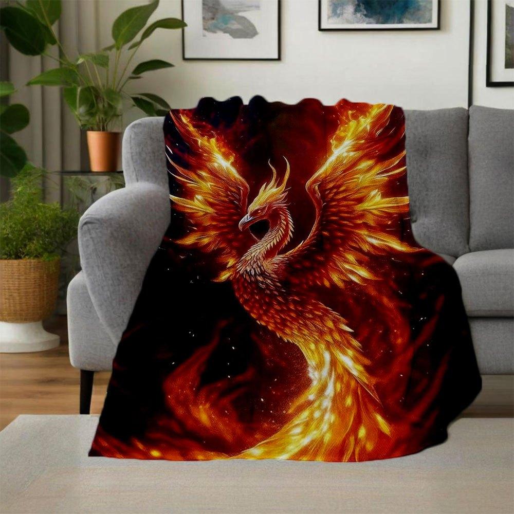 "Phoenix Rising: Fiery Fantasy Art Print - Mythical Bird Decor"Blanket Flannel Throw Blanket for Sofa, Bed, Travel, Camping, Office, Couch,