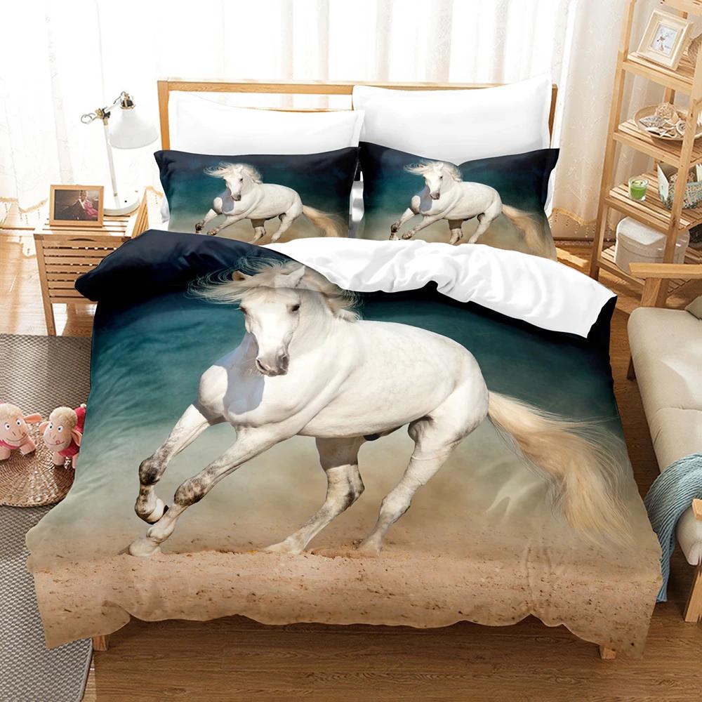 3D Tisk Koňská Ložní Sada pro Velikost King, Povlak na Přikrývku, 200x200 s Povlaky na Polštáře, Sada pro Dvojlůžko, pro 2 Osoby, Luxusní Sady Přikrývek