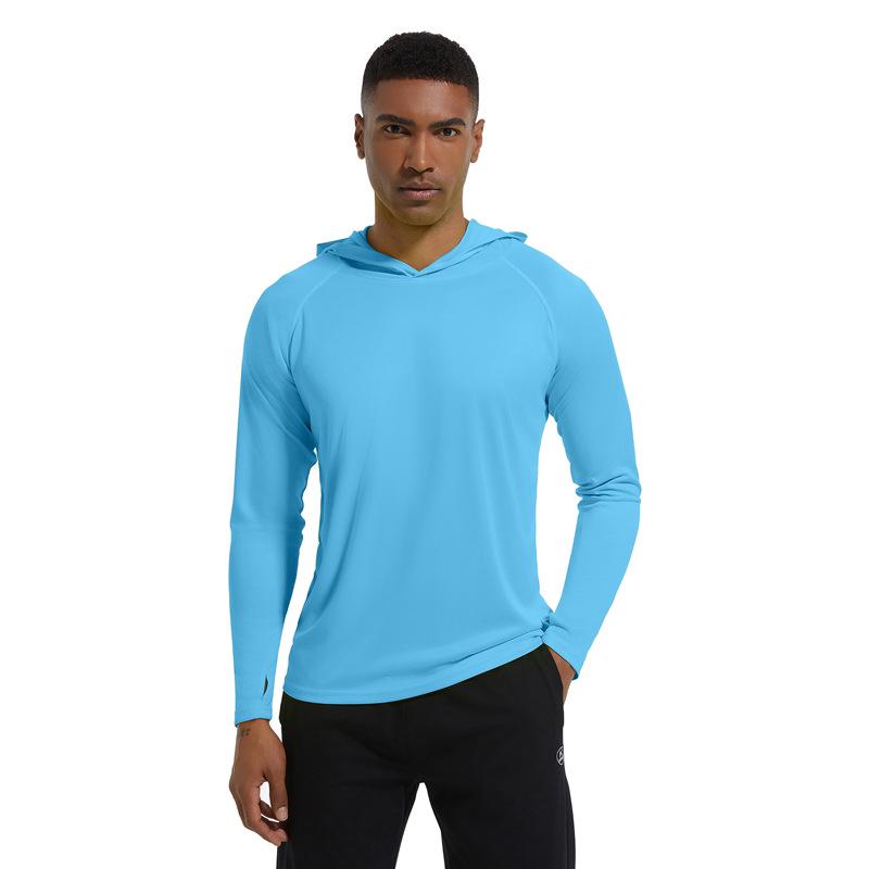 Men's UV Protection Hooded Slim Fit Sun Shirt, UPF50+, for Summer Outdoor Activities Like Beach, Hiking, Climbing, and Fishing.