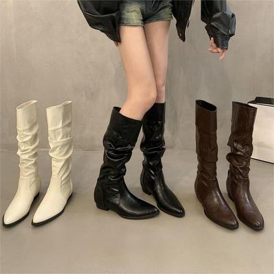Off-white Thick Heel Pointed Pile Boots Long Boots New Spring Mid Tube Thin Knight Boots