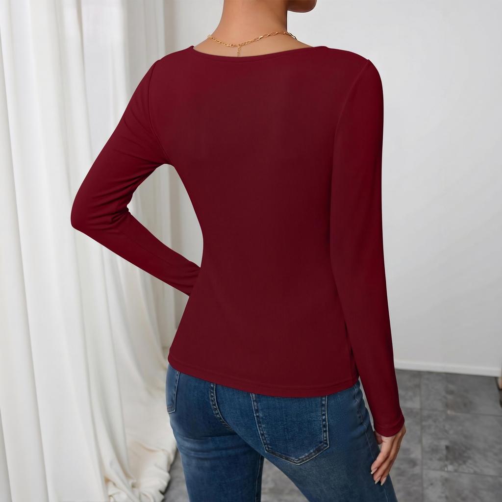 Women's Casual Asymmetric Neckline Pleated Slim Fit Layering Top