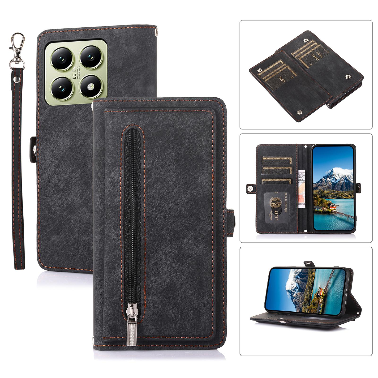 

For Xiaomi 14T Pro Case Zipper Pocket 9 Card Slots PU Leather Phone Cover with Wrist Strap Black