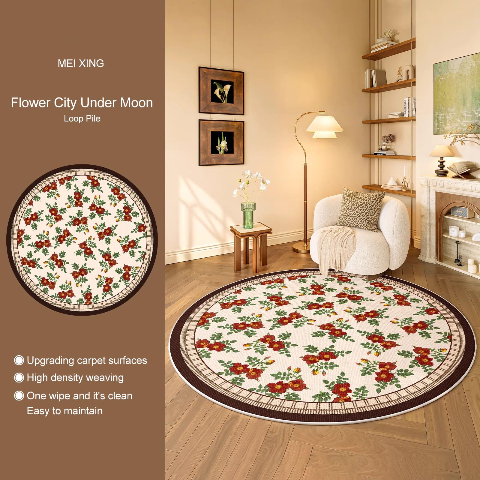 

Round Rug Living Room Carpet Soft Bedroom Bedside Floor Mat Plants Flowers French Retro Anti-slip Carpets Home Ddecoration Tapis Diameter 80cm
