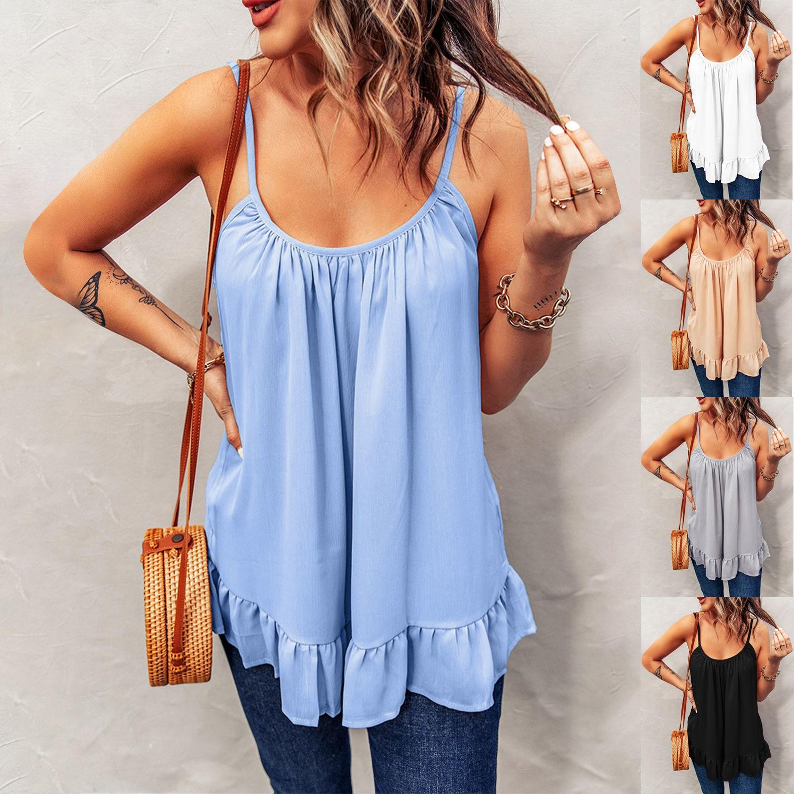 

Women s Casual Loose Spaghetti Straps Pleated Ruffled Sleeveless Tank Top