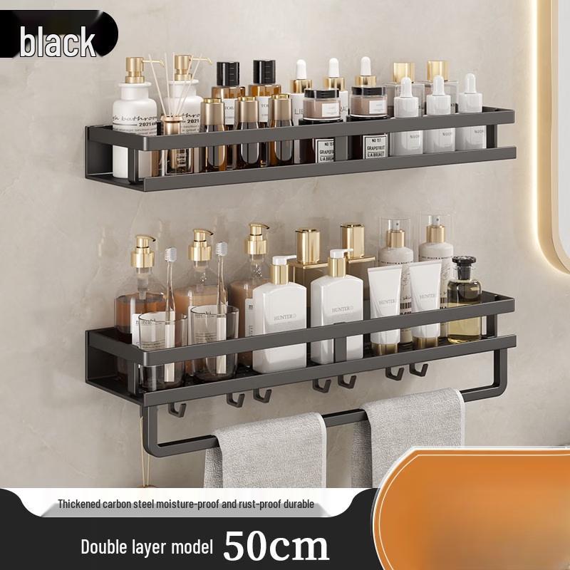 Wall-Mounted Double-Layer Bathroom Shelf with Towel Bar and Hooks