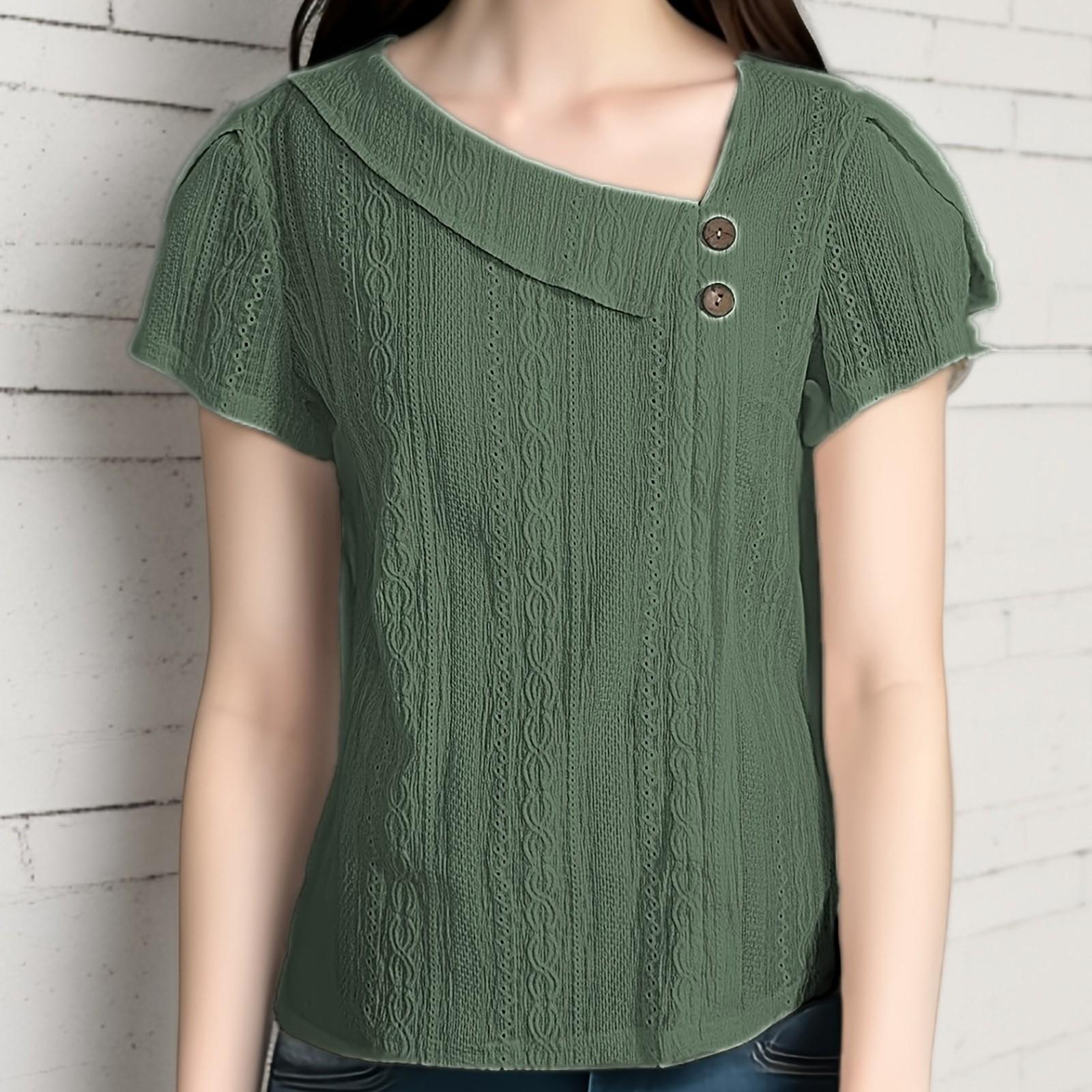 

Женский летний новый однотонный пуловер с короткими рукавами, футболка с лепестками, топ L армия зеленый