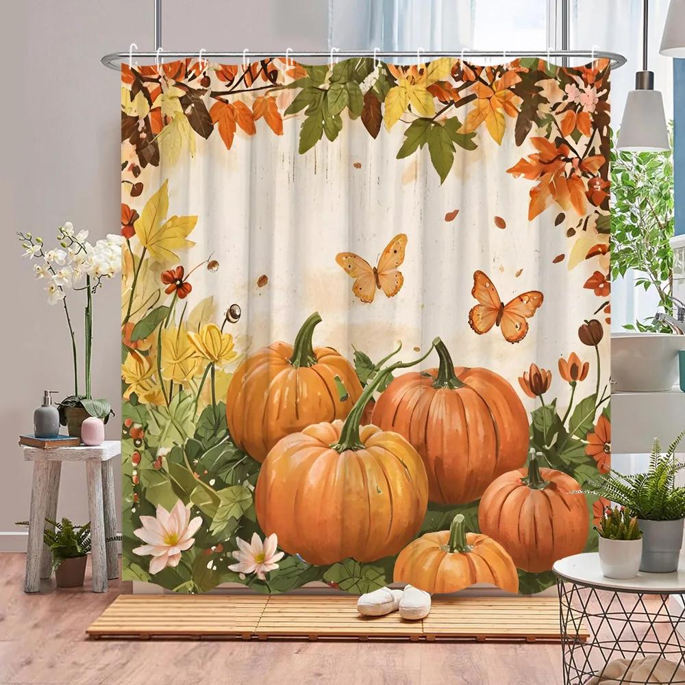 Autumn Scenic Shower Curtain Fall Pumpkin Farm Thanksgiving Butterfly Flower Leaf Barn Polyester Fabric Bathroom Decor Curtains