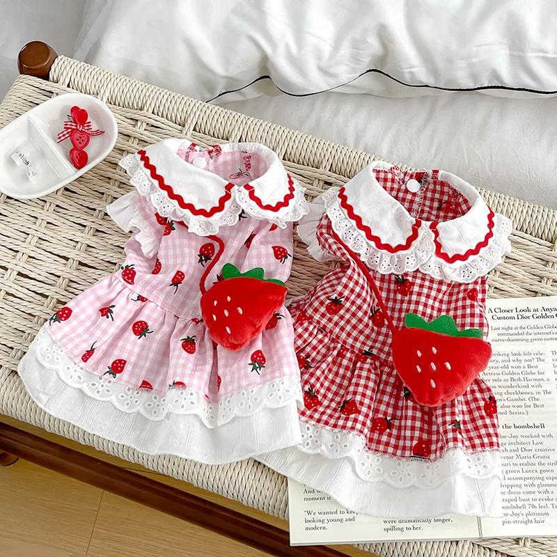 Cute Dog Strawberry Dress Ins Style Summer Spring Small Dog Plaid Strawberry Pattern Pet Clothes Cat Puppy Apparel Red Pink