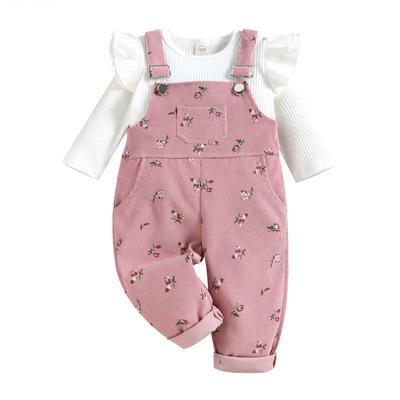 2-teiliges Kinderanzug-Set, einfarbige Langarmoberteile mit O-Ausschnitt + Hosenträgerhose mit Blumendruck