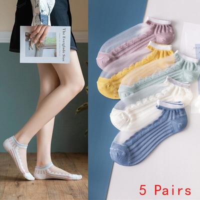 5 Paires De Chaussettes Translucides Fines Respirantes Pour Femmes En Fibre De Verre Printemps Et Été Couleur Bonbon Semelle En Polyester