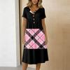 Women's Fashionable Retro Printed Round Neck Short Sleeved Button Neck Mid Length Casual Dress