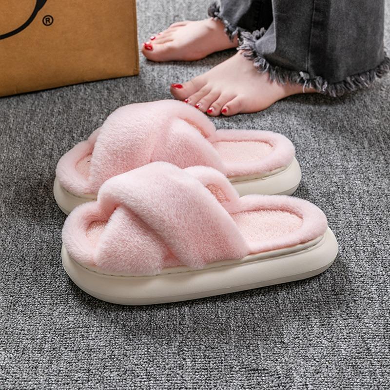 Cross Warm Fluffy Furry Slippers Women Lightweight Flat Heels Fur Slides Woman Autumn Winter Open Toe Non Slip Home Floor Shoes