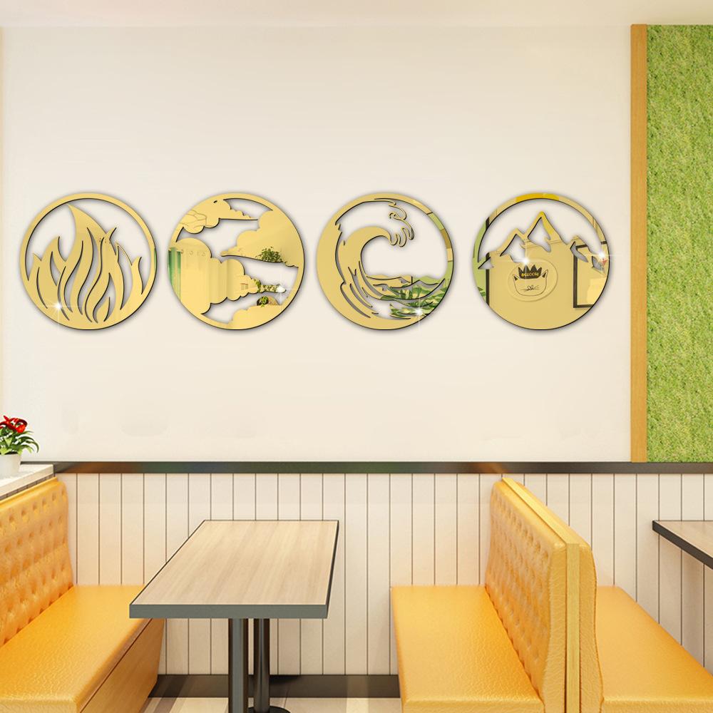 4pcs 3D Acrylic Mirror Sticker Wind Fire Water and Soil Four Elements Round Mirror Wall Sticker Living Room Bedroom Wall Decor