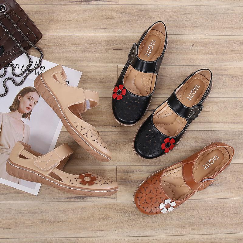 Damen-Schuhe aus PU-Leder, bequeme, runde Zehen-Slipper mit floralen Ösen,  Slipper mit Riemen, leichte Mary Jane zum Fahren, Spazierengehen