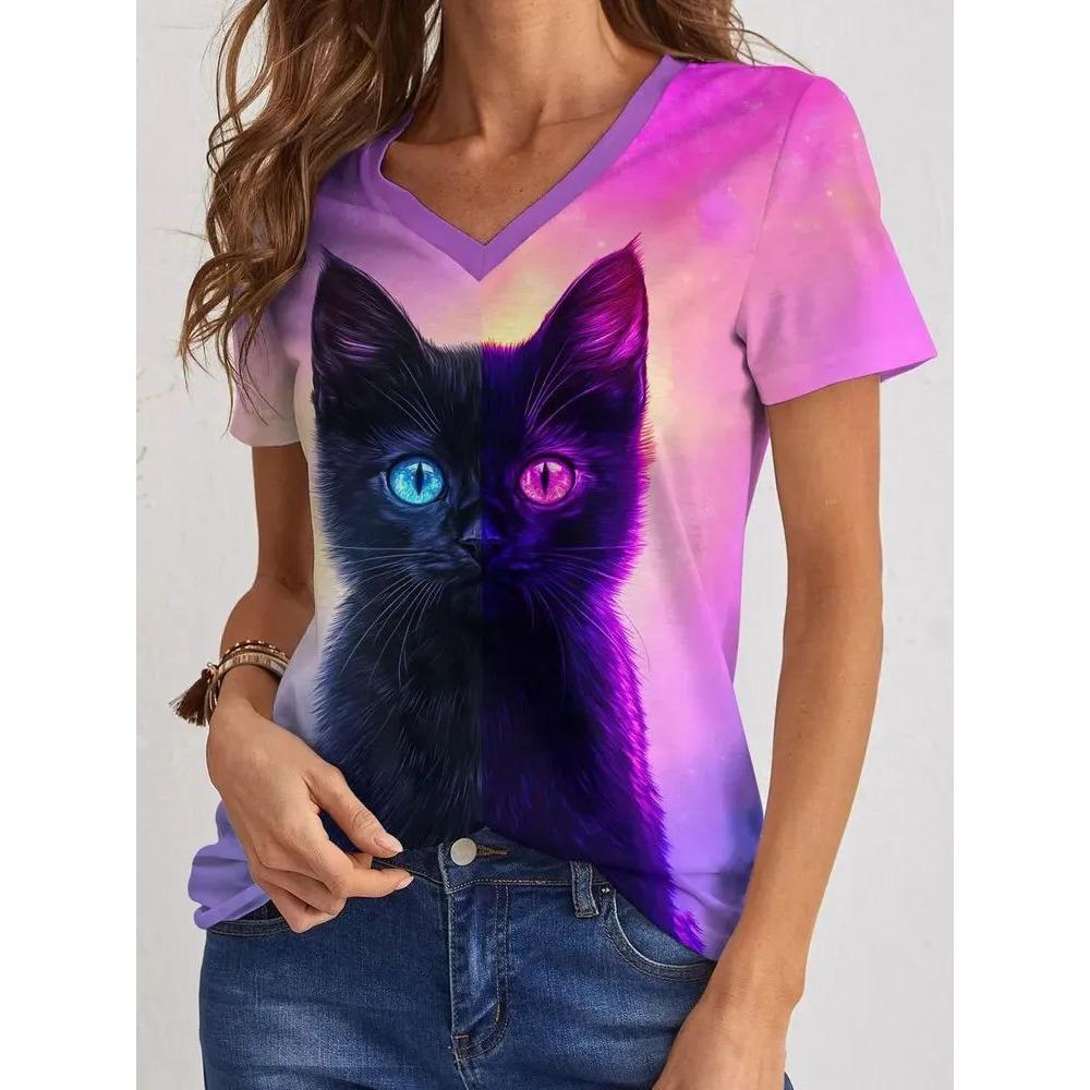 Summer V-neck Cute Cat Pattern 3D Printed Top Fashionable Casual Short Sleeved Women's T-shirts
