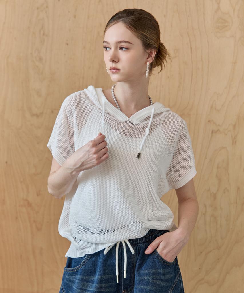 M.GRAF See-Through Mesh Loose Fit Batwing Hooded Knit