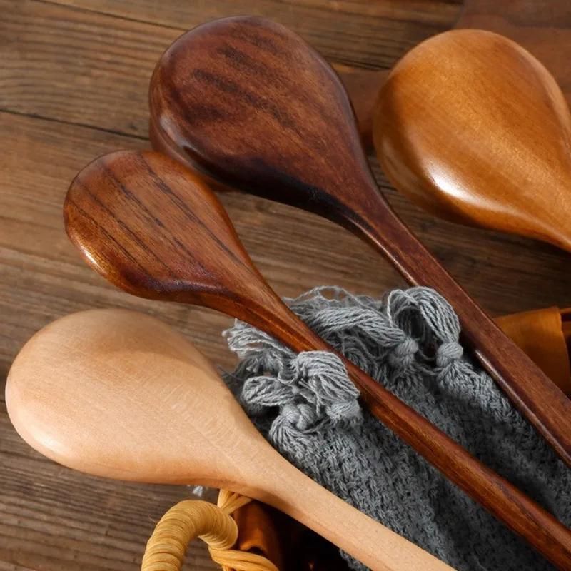 Korean Long Wooden Spoons Natural Coffee Stirring Rod Tea Dessert Spoon Handle Round for Soup Tableware Kitchen Supplies