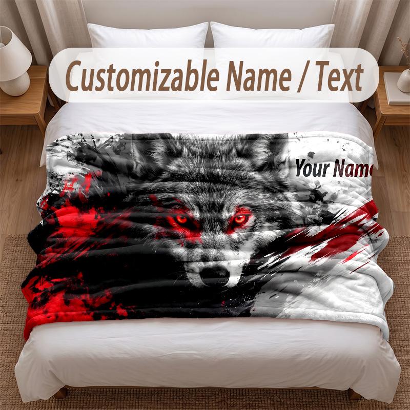 Wolf Theme Soft Blanket Personalized Custom Name Text Print Warm Blanket Home Sofa Bedroom Decor