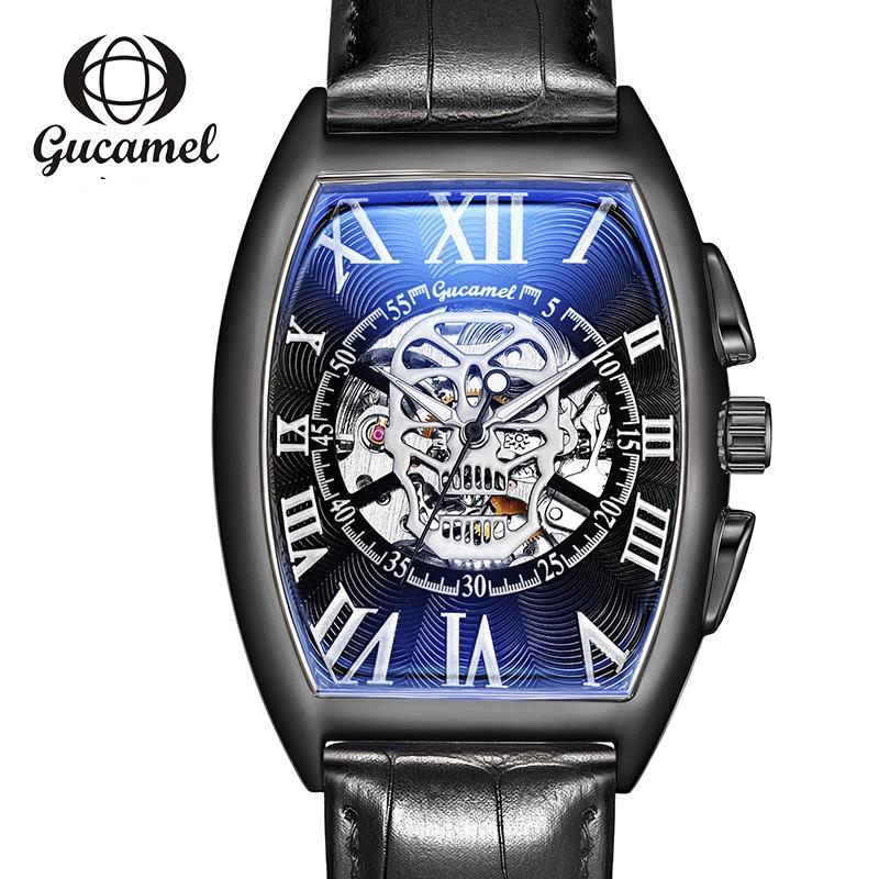 Top brand new wine barrel European and American men's fashion skull hollow automatic mechanical watch men's watch