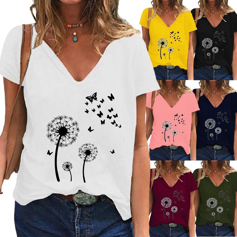 

Женская летняя футболка с принтом одуванчика, повседневная футболка с коротким рукавом и глубоким v-образным вырезом, однотонный пуловер, блузка, топы XS белый