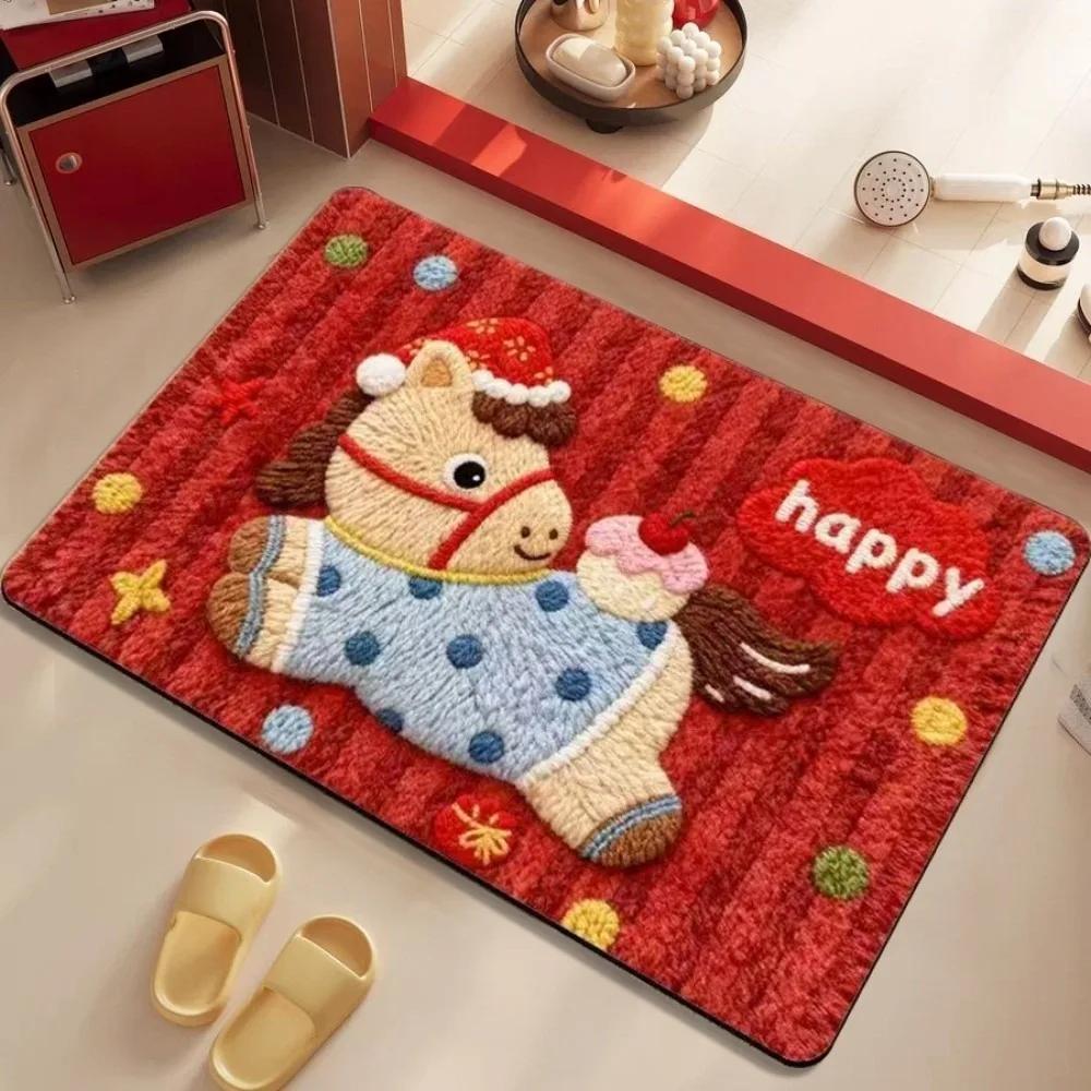 Weaving Texture Horse Floor Mat Blessing Words Cartoon 2026 New Year Anti Slip Mat Lucky Quick Dry Pony Door Mat Spring Festival